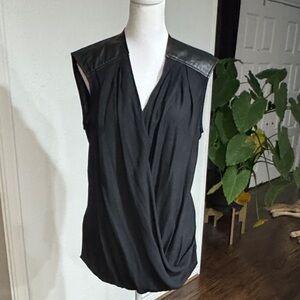 Helmut Lang Black Sleeveless Blouse with Leather Accents